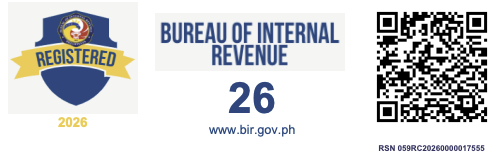 BIR Registration Seal Badge: Registered 2026, Bureau of Internal Revenue, with verification QR code